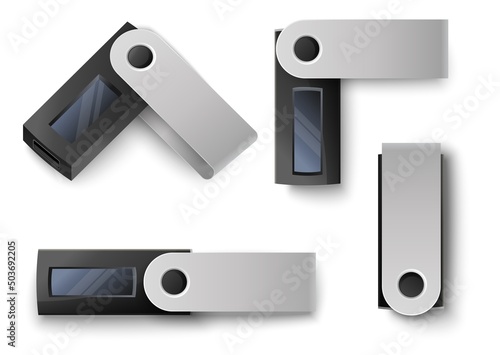 Cryptowallet concept hardware 3d mockup vector set