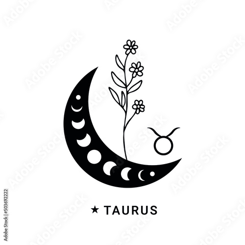 Taurus zodiac sign with wildflower and moon phases