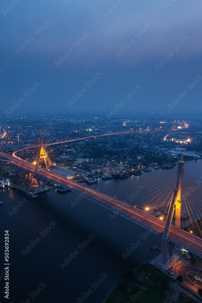 High angle view of the suspension bridges at dusk.