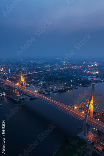 High angle view of the suspension bridges at dusk.