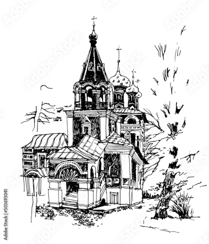Vector traced black and white hand drawn landscape with the ancient church in the Naryshkin Baroque style in the city of Uglich, Russia