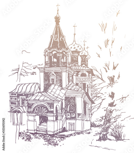 Vector traced gold colored hand drawn landscape with the ancient church in the Naryshkin Baroque style in the city of Uglich, Russia