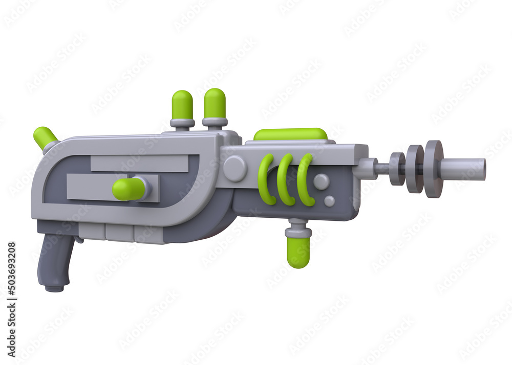 Cartoon alien space blaster gun. Funny realistic toy laser weapon. Cute colorful futuristic concept art isolated on white background. 3d render illustration. Cartoon alien space blaster gun. Funny realistic toy laser weapon. Cute colorful futuristic concept art isolated on white background. 3d render illustration.