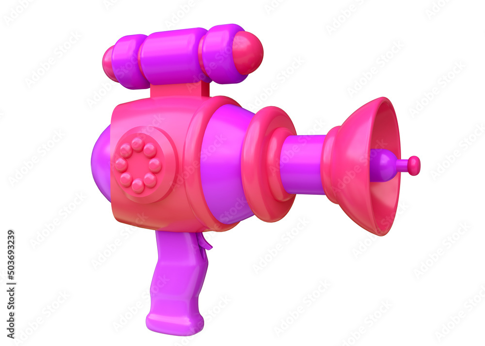 Cartoon alien space blaster gun. Funny realistic toy laser weapon. Cute colorful futuristic concept art isolated on white background. 3d render illustration. Cartoon alien space blaster gun. Funny realistic toy laser weapon. Cute colorful futuristic concept art isolated on white background. 3d render illustration.