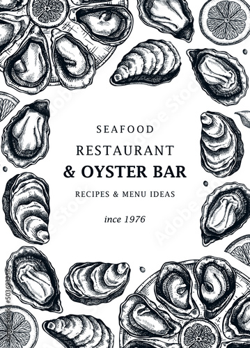 Cooked oysters menu design. Shellfish and seafood restaurant or delivery design element. Hand drawn oyster on plate with lemon and raw shellfish sketches. For menu, recipes, flyers or invitation.