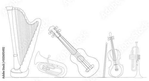 musical instruments one continuous line drawing, isolated, vector