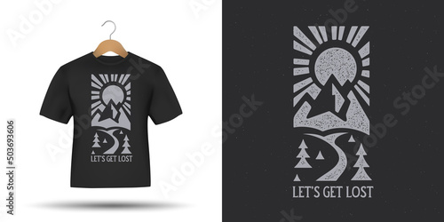 Let's get lost outdoors adventure t-shirt design. Modern graphics with mountains, sun and road. Travel related motivational slogan, quote, message. Vector illustration.