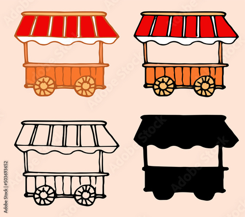 A street kiosk on wheels with a striped red and white canopy and a wheel. a set of hand-drawn sketches of a street store, with a striped awning side view isolated with a black outline and silhouette o