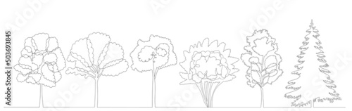trees drawing in one continuous line, isolated, vector