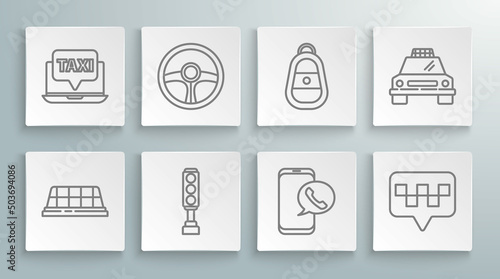 Set line Taxi car roof, Steering wheel, Traffic light, call telephone service, Map pointer with taxi, Car key remote, and Laptop icon. Vector