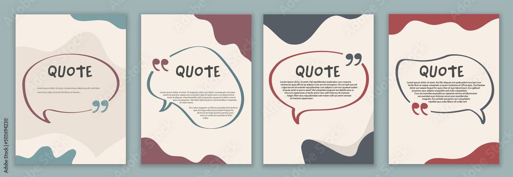Vector Set template speech bubble quote sign.Cover -poster - quote symbol with text in empty box. Copy space for comment - talk message or discussion.Banner with quote in quotation marks Vector Set template speech bubble quote sign.Cover -poster - quote symbol with text in empty box. Copy space for comment - talk message or discussion.Banner with quote in quotation marks