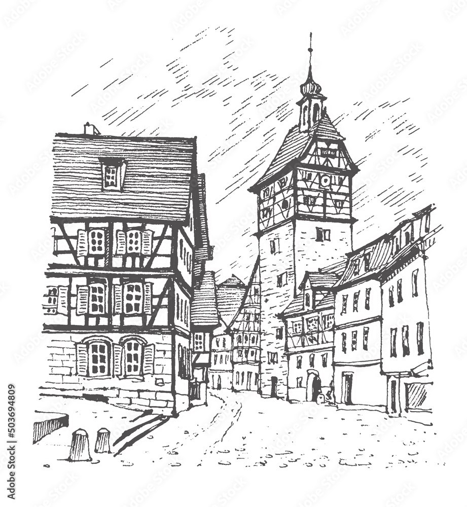 Travel sketch of Schwäbisch Hall, Germany. Medieval building line art. Freehand drawing. Hand drawn travel postcard of a street in Schwäbisch Hall. Urban sketch in black color on white background.