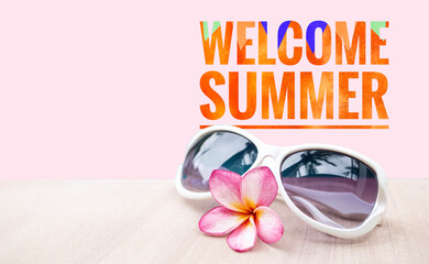 Welcome summer banner with women sunglasses, first summer day concept background