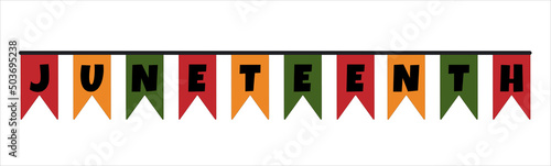 Cute festive flags bunting with word Juneteenth - traditional African American freedom, emancipation day holiday. Vector clip art design element decoration isolated