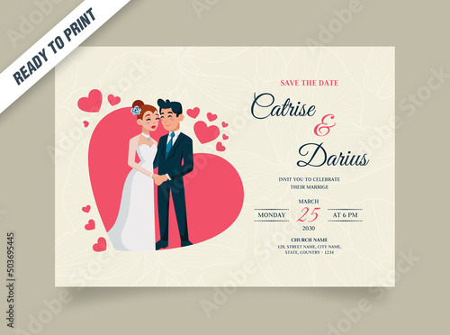 Couple character wedding invitation card vector template