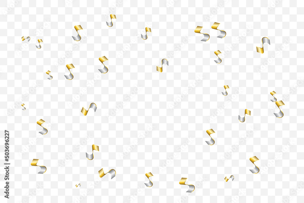 Golden Silver Tiny Confetti And Streamer Ribbon Falling On Transparent Background. Vector