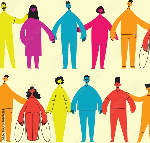 Flat illustration of a group containing inclusive and diversified people all together without any difference.