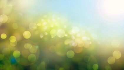 A spring, summer background of fresh lush green foliage and blue sky with blurred bokeh highlights.