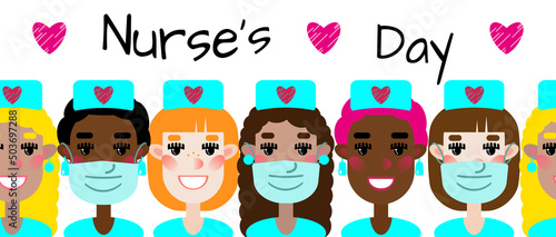 Nurse's Day. Seamless border of portraits of cute cartoon nurses in protective masks and with smiles. Ethnic diversity: white, black, Hispanic. Funny characters in a flat style. Greeting card, poster