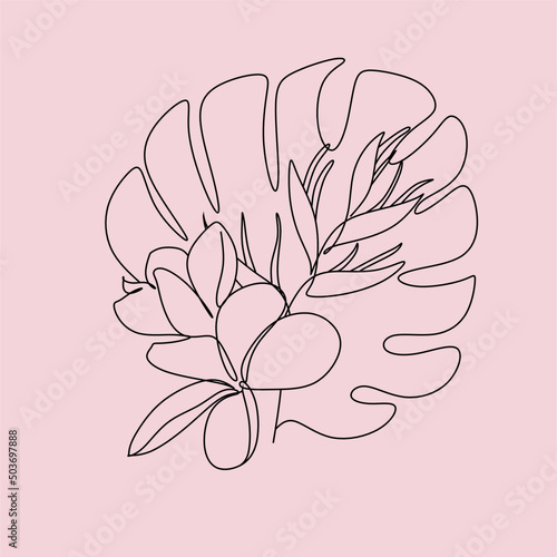 One line drawing set of vector tropical flowers. Botanical poster. Modern single line art, aesthetic outline. Continuous line drawing strelitzia, plumeria, heliconia palm tree and monstera