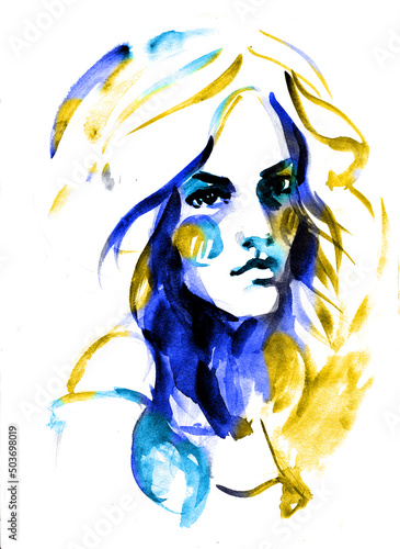 Beautiful Ukraine yellow blue woman face. fashion illustration watercolor © any_li