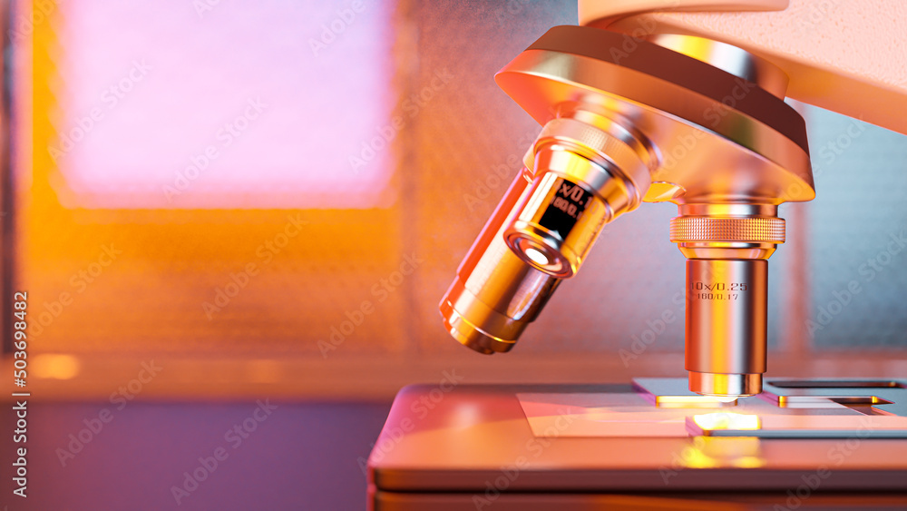 Microscope on table beside window, close-up shot and orange light onto work area. Science and laboratory background concept, 3D Render.