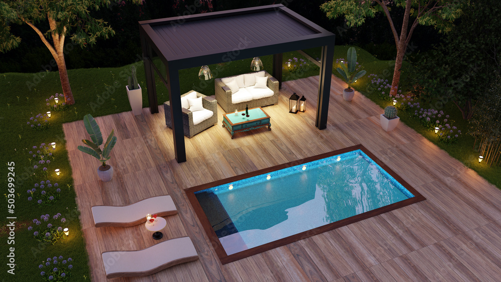 3D illustration top view of outdoor terrace with pool and pergola at dusk. - obrazy, fototapety, plakaty 