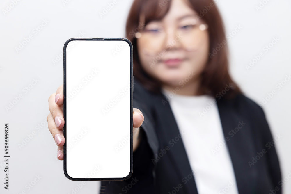 Chubby Asian Woman Show Mobile Phone Screen