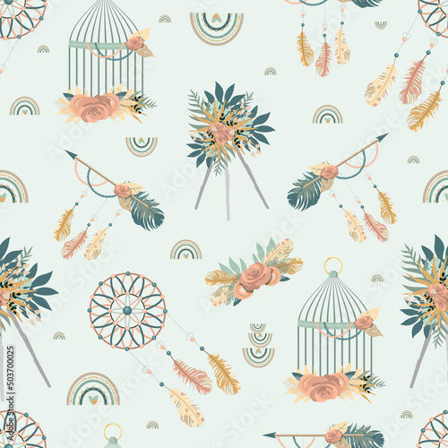 Boho pattern with feathers, dream catchers and rainbows. flat vector illustration.