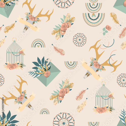 Boho pattern with feathers, dream catchers and rainbows. flat vector illustration.