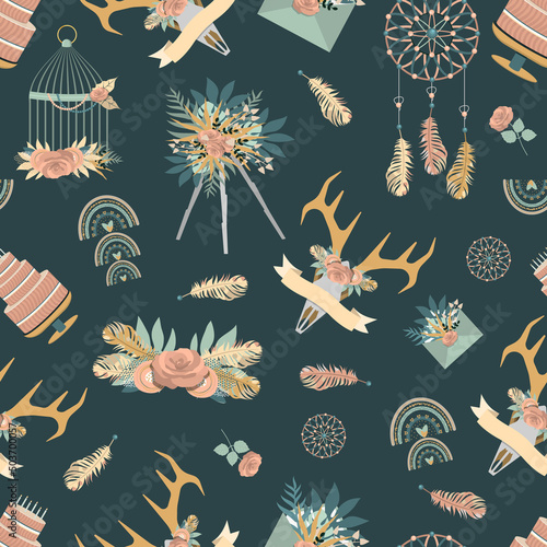 Boho pattern with feathers, dream catchers and rainbows. flat vector illustration.