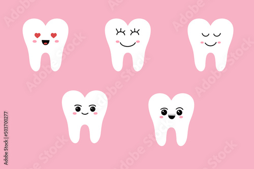 Kawaii. Cute teeth emoji and emoji set with different facial expressions. Vector illustration.