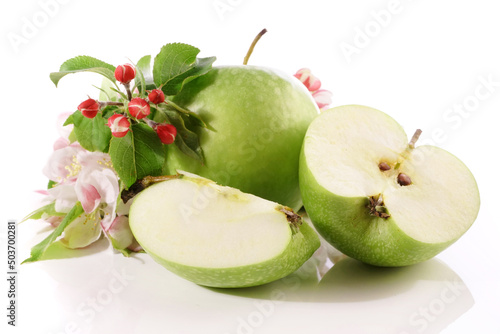 Fotografia Granny Smith Apple with Apple Blossom isolated on white Background - Turn around