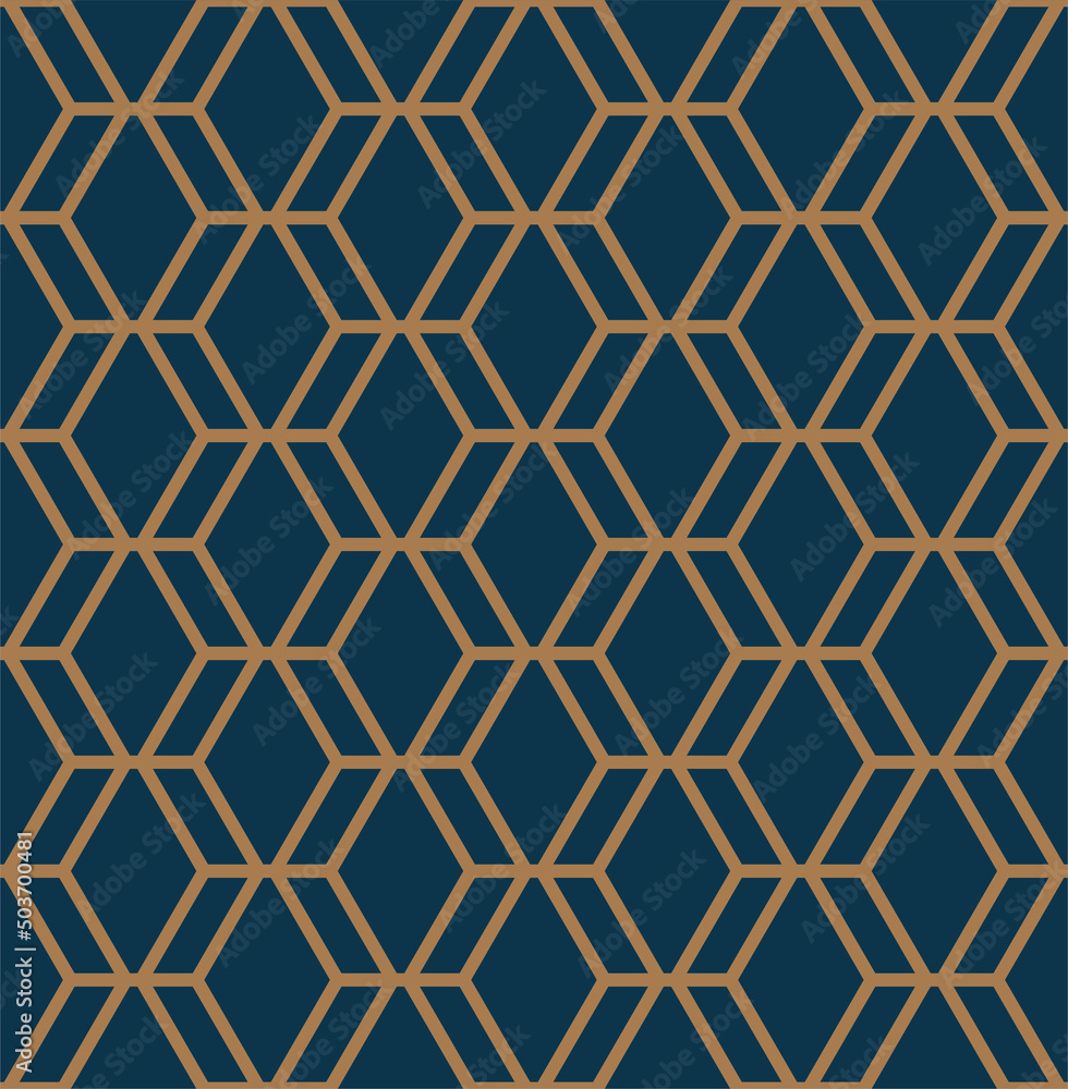 Art deco line art. Hexagon grid pattern in gold and blue color. Decorative seamless background.
Art deco line art. Hexagon grid pattern in gold and blue color. Decorative seamless background.