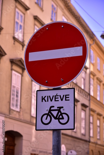 traffic sign on the street, Budapest, Hungary, 2018