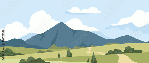 Countryside landscape concept. Mountains and fields with grass, poster or poster for home. Nature and active lifestyle, hiking. Forest in summer or spring season. Cartoon flat vector illustration