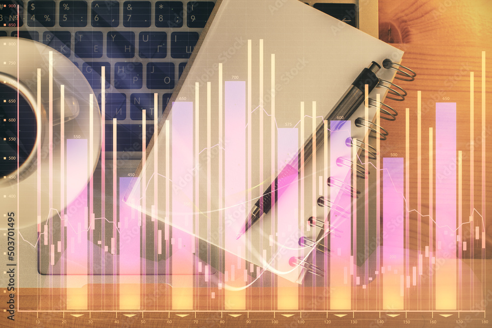 Multi exposure of forex chart drawing and work table top veiw. Concept of financial analysis. Multi exposure of forex chart drawing and work table top veiw. Concept of financial analysis.