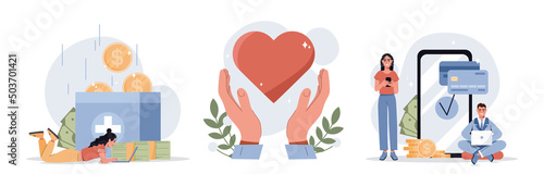 Set of donation. Collection of banners for website of charitable organization. Help and support, funds, savings and volunteers. Cartoon flat vector illustrations isolated on white background