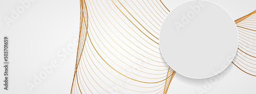 Golden shiny wavy lines and grey circle abstract background. Art deco ornament vector banner design