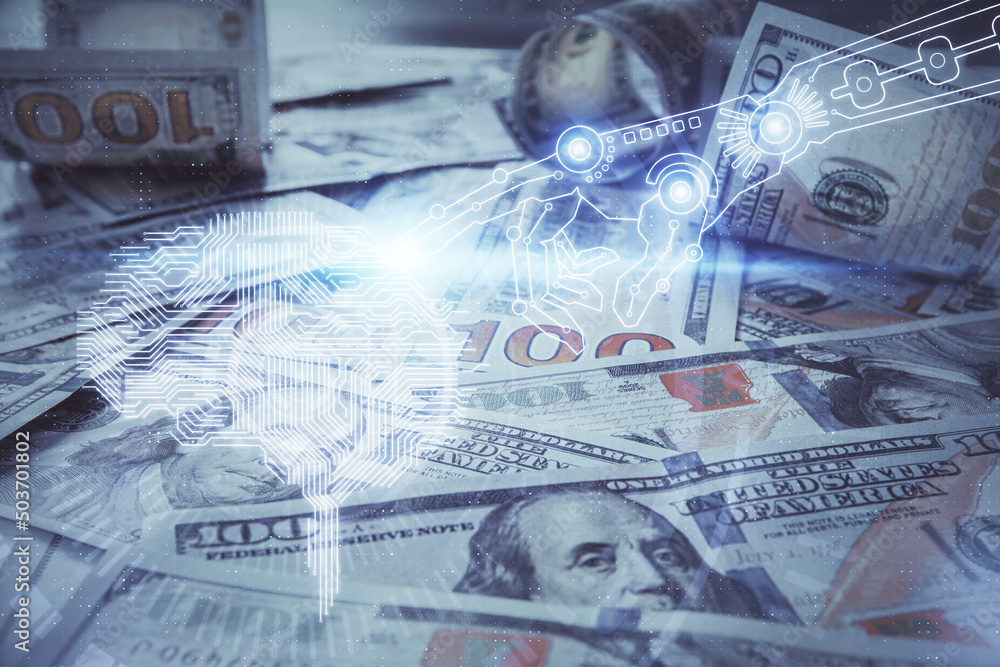 Double exposure of brain drawing over us dollars bill background. Technology concept. Double exposure of brain drawing over us dollars bill background. Technology concept.