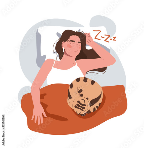Girl sleeping with cat. Comfort and coziness in house, recuperation and dreams. Hostess resting with her beloved pet. Recovery after work and character in bed. Cartoon flat vector illustration