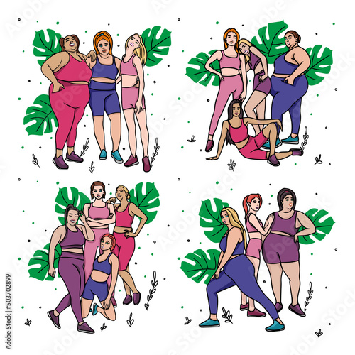 Fat girl spinning the hula hoop around the waist, obesity woman wearing sports uniform doing fitness exercise, weight loss program concept vector Illustration