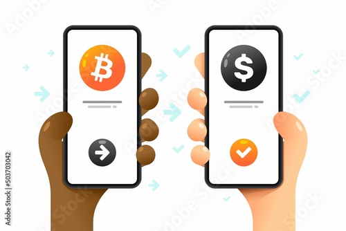 Smartphone mockup in human hand. Send and convert operation. Bitcoin and dollar. Vector colorful cryptocurrency illustration