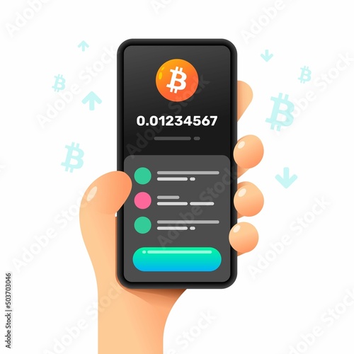 Smartphone mockup in human hand. Bitcoin wallet. Vector colorful cryptocurrency illustration