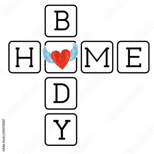 Design for players simulating the game Scrabble with a winged heart in the center.