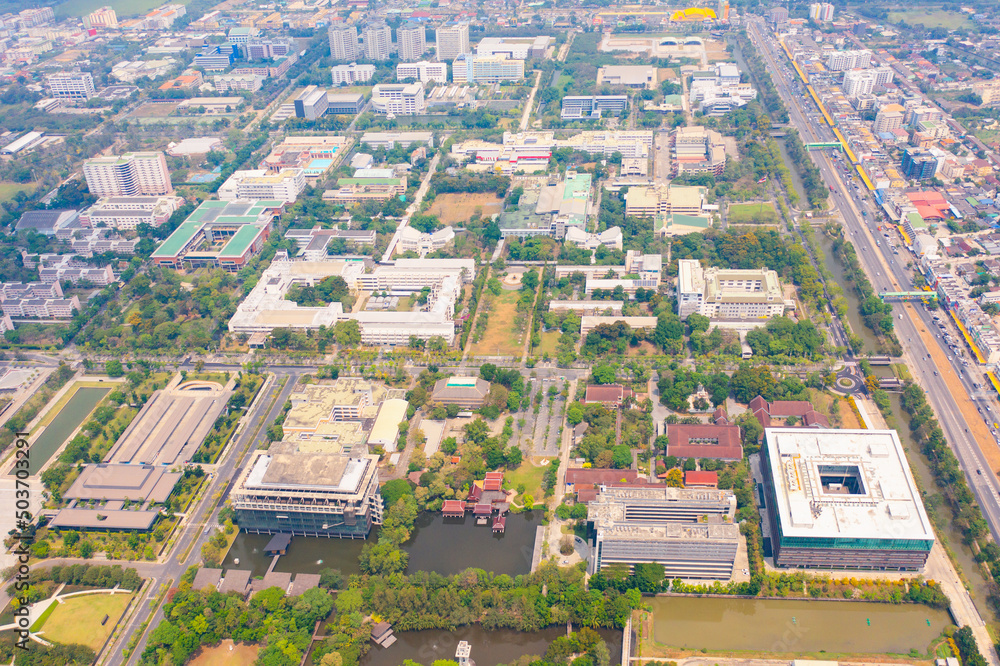 Aerial top view of university or college campus buildings. Skyline