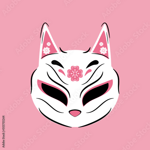 Kitsune fox mask with sakura flower on pink background japanese style flat vector icon design.