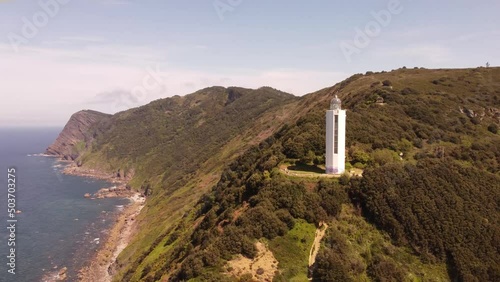 aerial footage of a lighthouse in a cliff next to the sea in Gorliz, Basque country, Spain photo