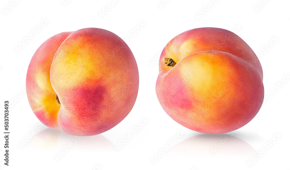 Set of two whole peach fruits isolated on white background Set of two whole peach fruits isolated on white background