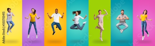 Joyful multiracial people jumping up on colorful backgrounds, showing like